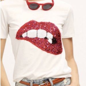 FV Relay Woman's White Red Sequin Shirt Biting on Lip Size Medium